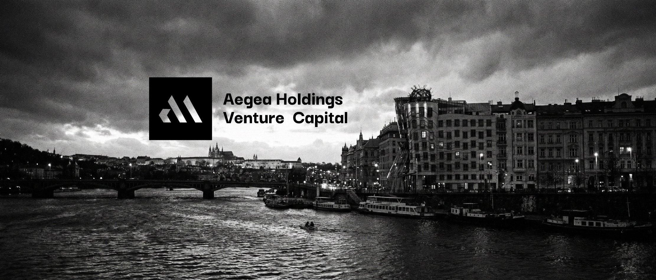 Prague: the Vltava, Prague Castle and the Dancing House under a stormy sky, with the Aegea Holdings Venture Capital mark